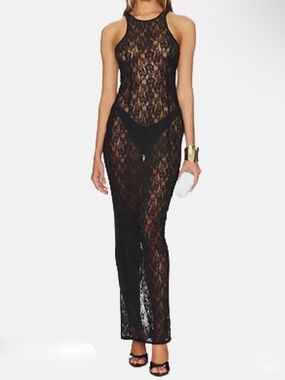 Miscreants Tanya Sheer Black Lace Sleeveless Maxi Dress US 6/UK 10